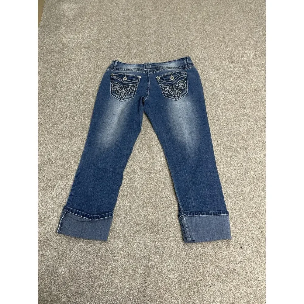 McBling Angels Low Rise Capri Jeans 30W Rhinestone Embroidered Medium Wash Y2K - Picture 3 of 13